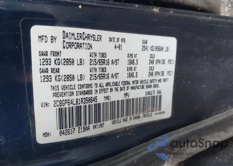 2001 Chrysler Town & Country Limited from USA, damaged, VIN 2C8GP64L81R350645